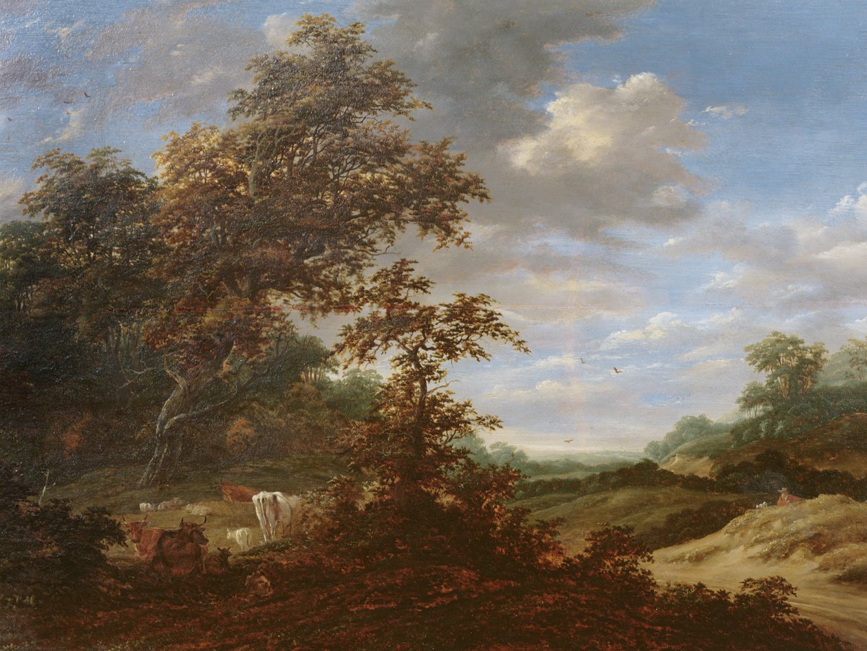 Zalesiony krajobraz z bydłem autorstwa Jacob van Ruisdael