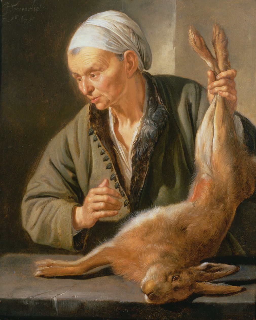 Kobieta z martwym zającem, 1675 autorstwa Jacob Toorenvliet
