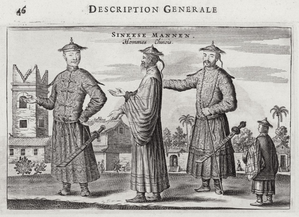 Chińscy mężczyźni, ogólny opis z konta ambasady holenderskiej w Chinach, 1665 autorstwa Jacob van Meurs