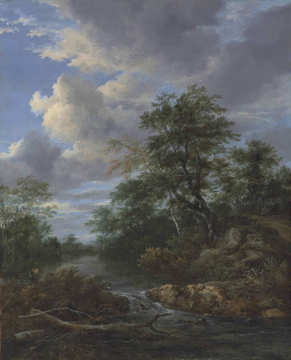 Zalesiony krajobraz rzeki z rodziną odpoczywającą na torze autorstwa Jacob van Ruisdael