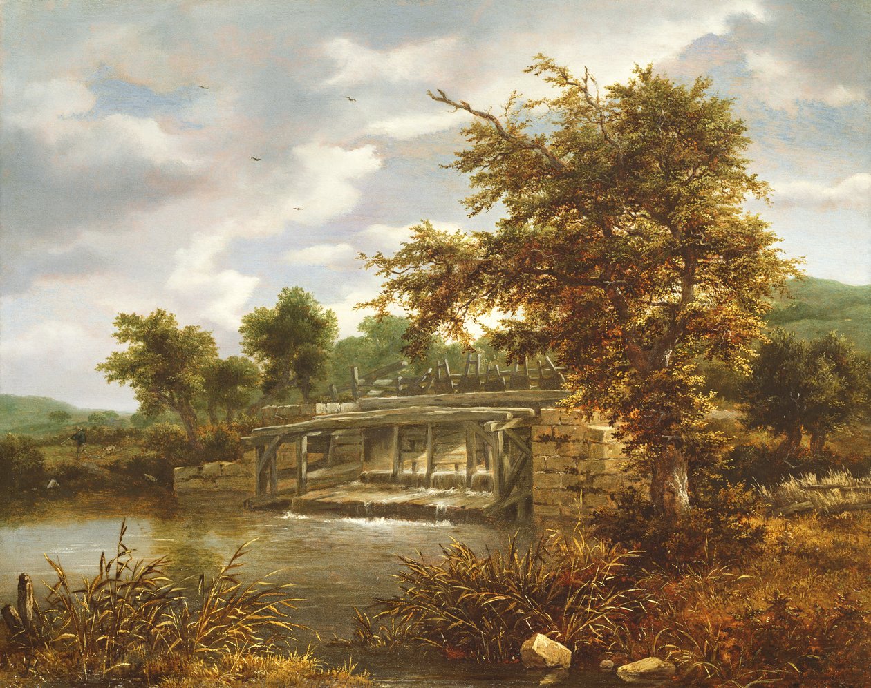 Zalesiony krajobraz rzeczny ze śluzą autorstwa Jacob van Ruisdael