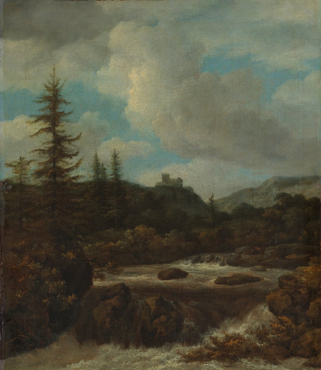 Krajobraz z wodospadem w pobliżu zamku autorstwa Jacob van Ruisdael