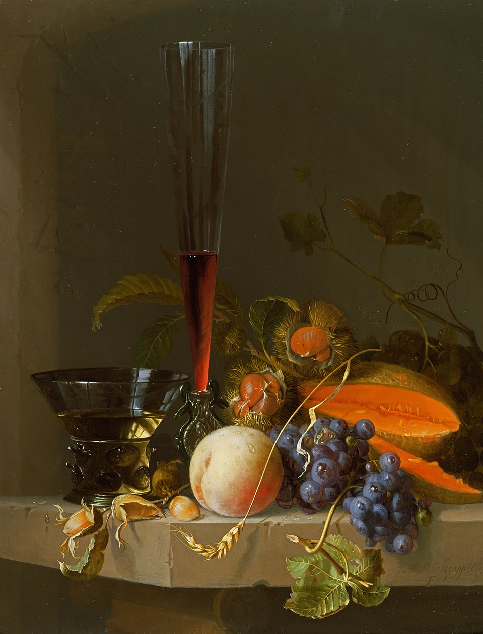 Martwa natura z owoców na półce z roemerem i kieliszkiem wina autorstwa Jacob van Walscapelle