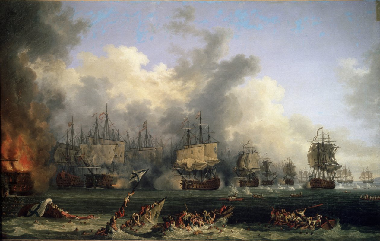 „„Zatonięcie tureckich okrętów podczas bitwy pod Tchesme w dniu 05.07.1770” („Bitwa morska pod Chesmą w dniu 5 lipca 1770 r.) lub Ekspedycja f autorstwa Jacob Philippe Hackert