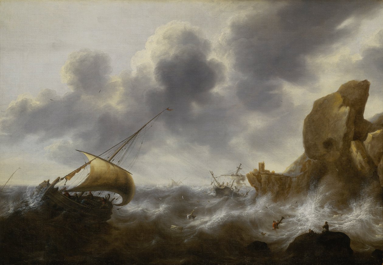Łódź rybacka na skalistym wybrzeżu podczas sztormu z wrakiem, ok. 1664-65 (olej na płycie) autorstwa Jacob Adriaensz. Bellevois