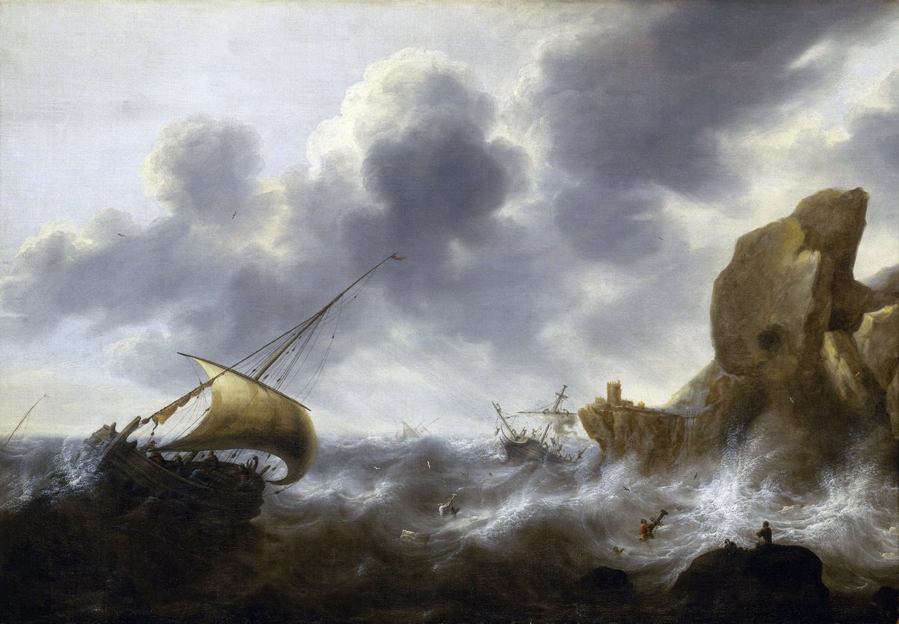 Łódź rybacka złapana przez sztorm w pobliżu skalistego wybrzeża, z wrakiem statku. Olej na płótnie autorstwa Jacoba Adriaensza Bellevois (1621-1675). autorstwa Jacob Adriaensz. Bellevois