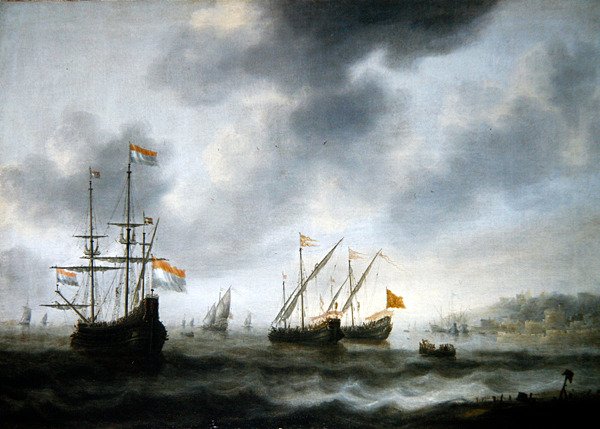 Holenderski okręt flagowy De Roode Leeuw i dwa angielskie statki (olej na płótnie) autorstwa Jacob Adriaensz. Bellevois
