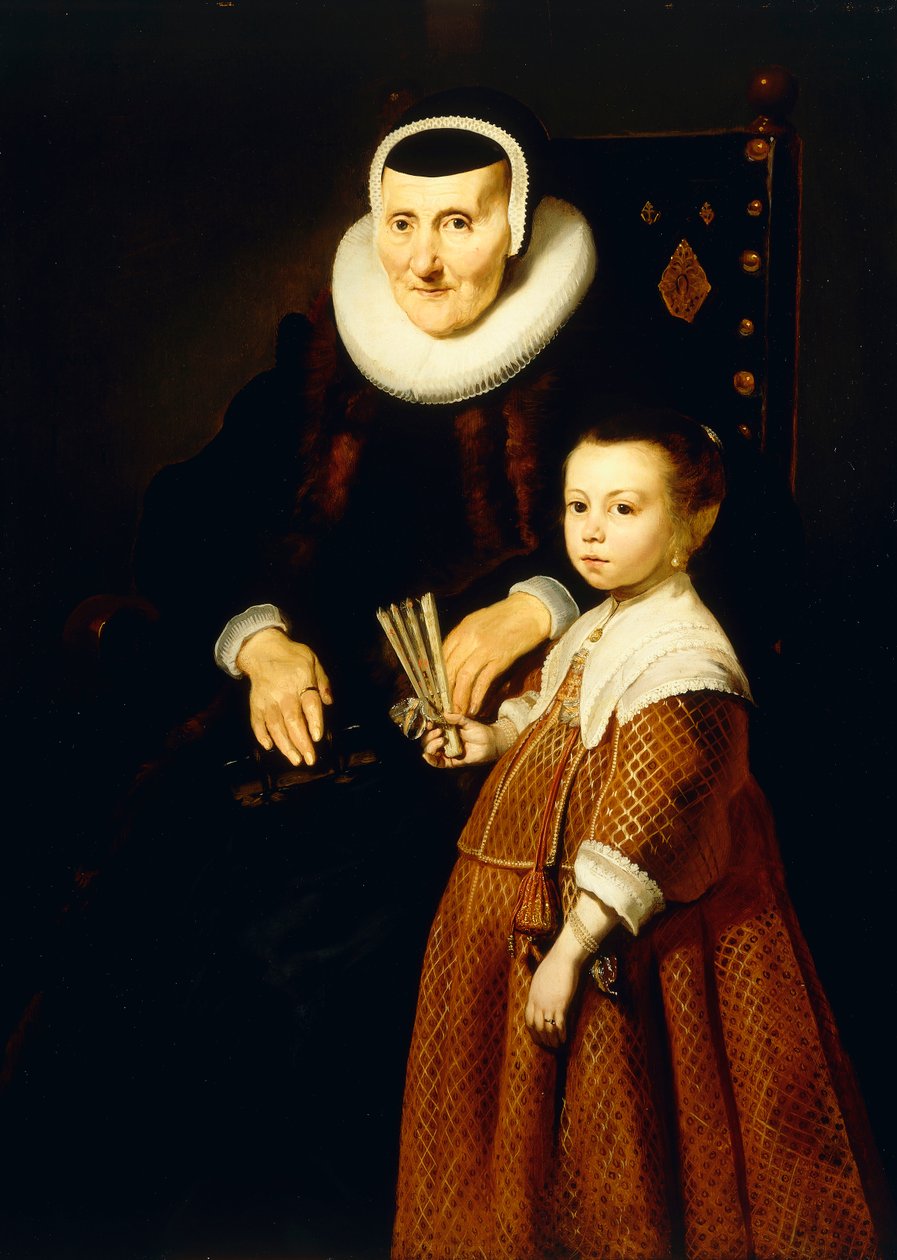 Portret damy, lat 80 z dziewczyną, lat 6, trzy czwarte długości, ok. 1632-33 autorstwa Jacob Adriensz Backer