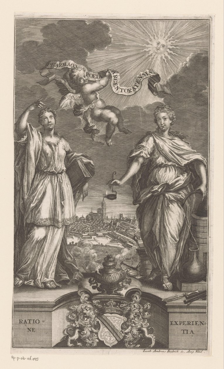 Alegoria Medycyny w Strasburgu Pharmacopoeia Argentoratensis (tytuł na przedmiocie) autorstwa Jacob Andreas Fridrich (I)