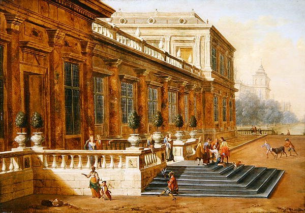 Powrót syna marnotrawnego na schodach klasycznego pałacu (olej na płótnie) autorstwa Jacob Balthasar Peeters