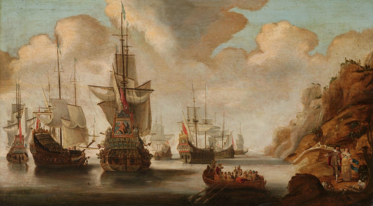 Eskadra francuska w pobliżu skalistego wybrzeża autorstwa Jacob Bellevois
