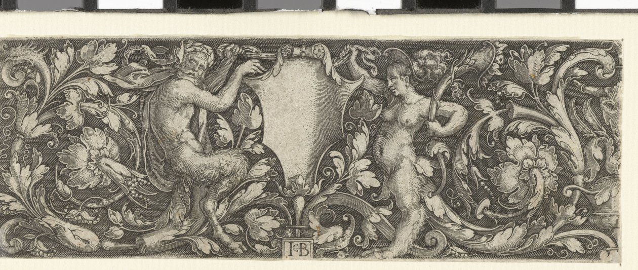 Fryz z tarczą noszony przez satyrę mężczyznę i kobietę autorstwa Jacob Binck (signed by artist)