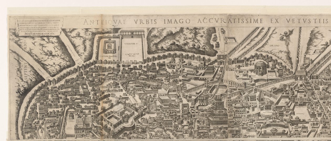 Plattegrond van Rome ten tijde van keizer Augustus (bovenste blad) (tytuł na obiekcie) Wizerunki starożytnego Rzymu ze śladów zrujnowanych budowli (tytuł na obiekcie) autorstwa Jacob Bos