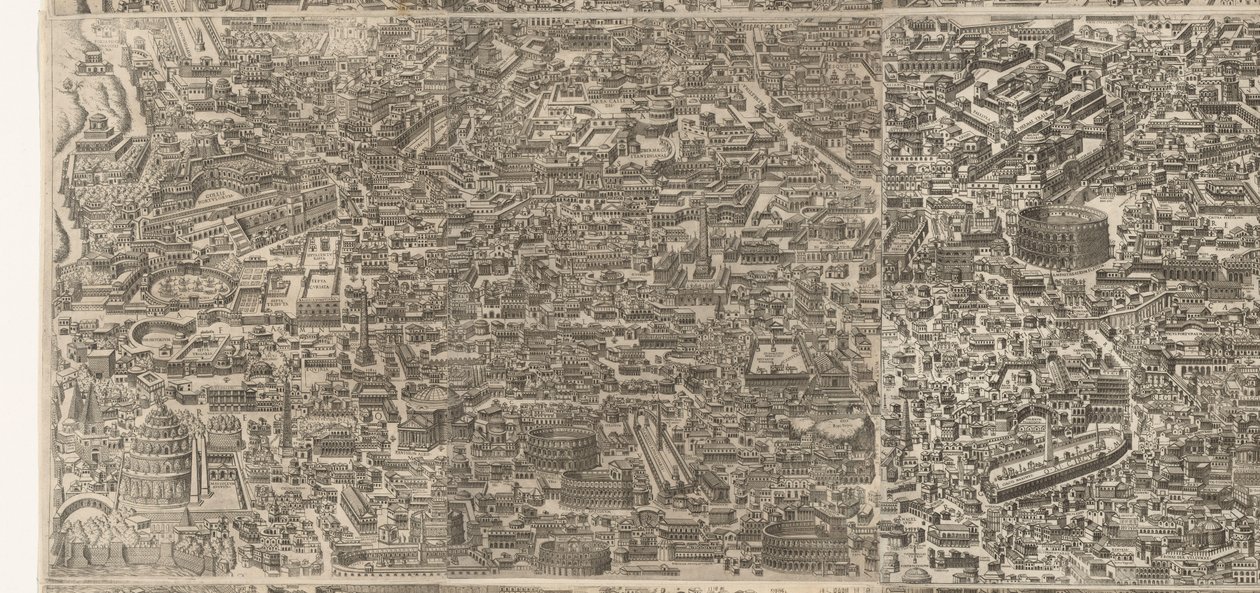 Plattegrond van Rome ten tijde van keizer Augustus (middleste blad) Bardzo dokładny obraz starożytnego miasta powstałego ze starożytnych zabytków Wizerunki starożytnego Rzymu ze śladów zrujnowanych budynków autorstwa Jacob Bos