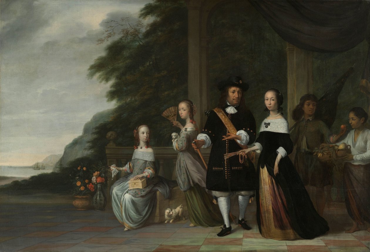 Pieter Cnoll, Cornelia van Nijenrode, ich córki i dwie zniewolone sługi Pieter Cnoll i Cornelia van Nijenrode, ich dwie córki Catharina i Hester, zniewolona Surapati i zniewolona kobieta autorstwa Jacob Coeman