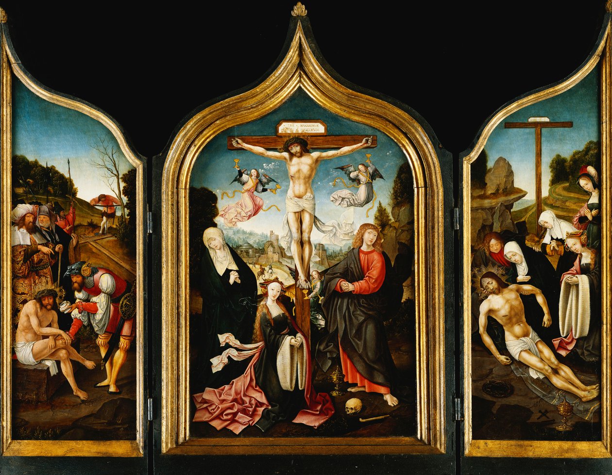 Tryptyk: Chrystus na krzyżu z Dziewicą, Magdaleną, św. Janem Ewangelistą i Aniołami; na skrzydłach Chrystus ofiarował ocet przed ukrzyżowaniem i lamentacją, konanie w ogrodzie i Ecce Homo, autorstwa Jacob Cornelisz van Oostsanen