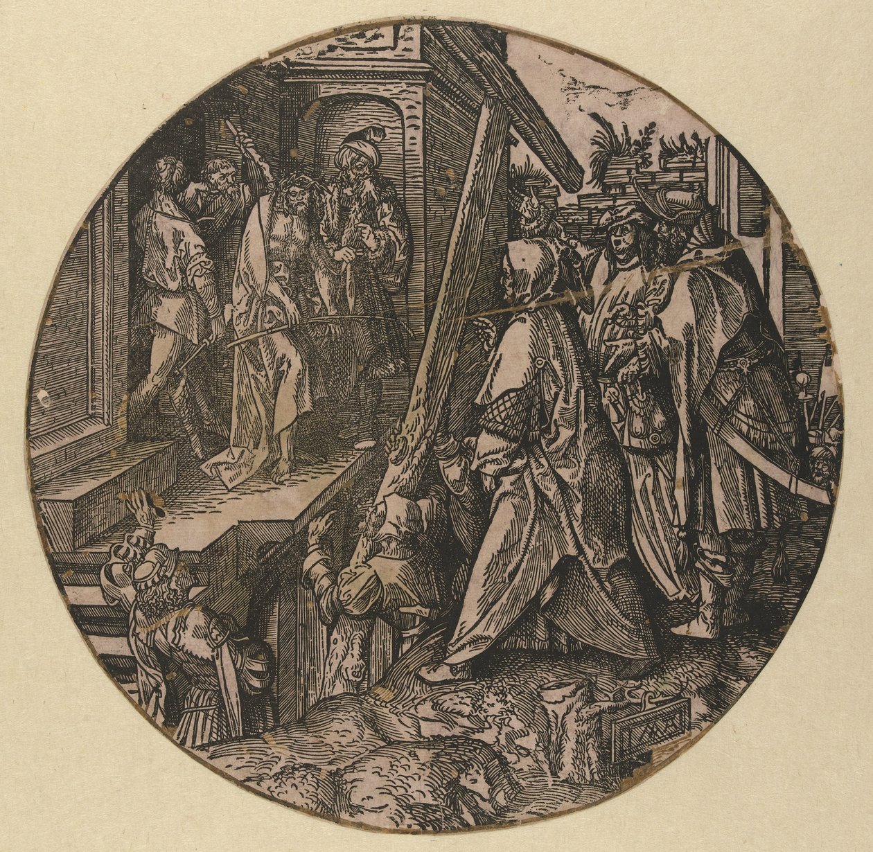 Piłat pokazuje ludziom Chrystusa (Ecce Homo) Okrągła Pasja (tytuł serii) autorstwa Jacob Cornelisz van Oostsanen