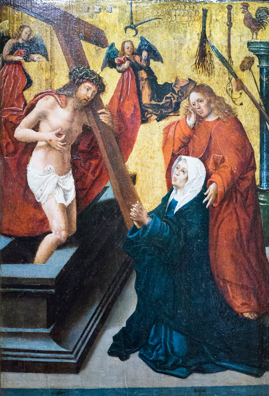 Chrystus Zmartwychwstały z symbolem Męki ukazującej się Madonnie i św. Janowi Ewangeliście autorstwa Jacob Cornelisz van Oostsanen