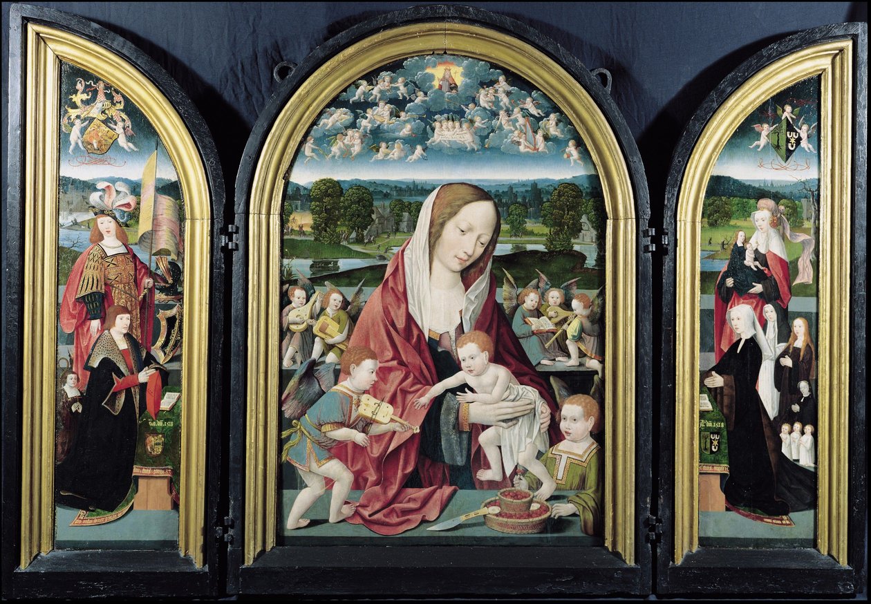 Dziewica i dziecko z aniołami tworzącymi muzykę i rodziną Sampsons-Coolen, Tryptyk, 1500-1525 autorstwa Jacob Cornelisz van Oostsanen
