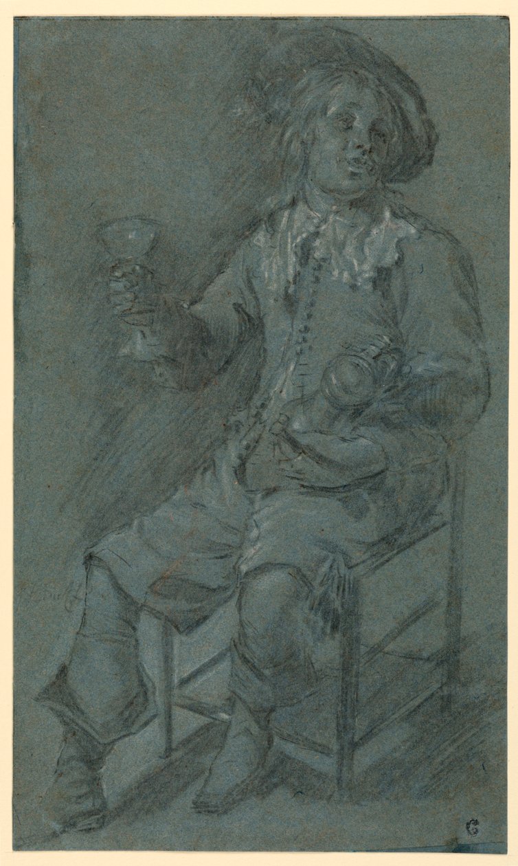 Rysunek przedstawiający siedzącego kawalera z kieliszkiem wina, 1650-60 autorstwa Jacob Duck