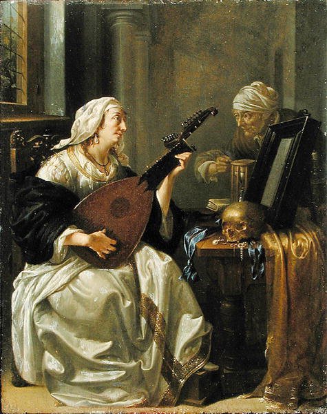 Kobieta z Theorbo, Vanitas, ok. 1660 (olej na desce) autorstwa Jacob Duck
