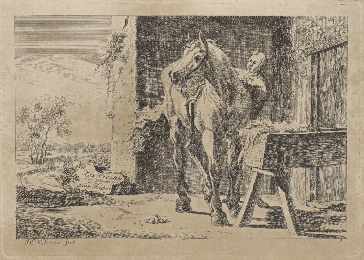 Figurka z koniem w żłobie Sześć odbitek według rysunków różnych mistrzów (tytuł serii na obiekcie) autorstwa Jacob Elias van Varelen