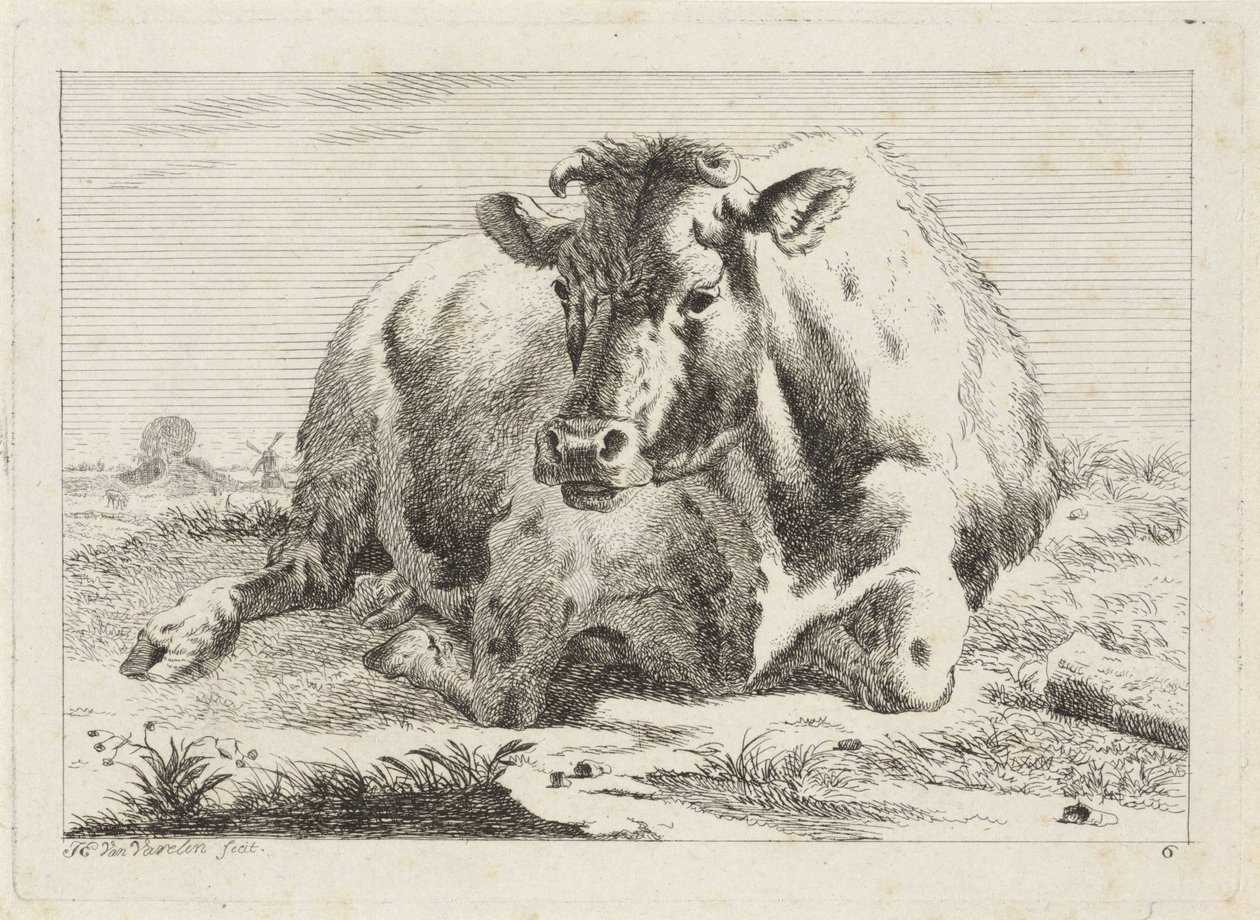 leżąca krowa Sześć odbitek według rysunków różnych mistrzów (tytuł serii) autorstwa Jacob Elias van Varelen
