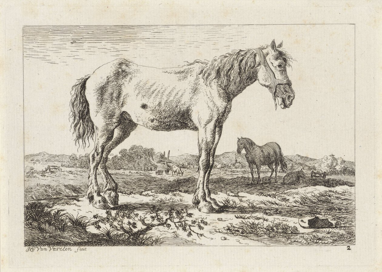 Stojący koń w krajobrazie Sześć odbitek według rysunków różnych mistrzów (tytuł serii) autorstwa Jacob Elias van Varelen