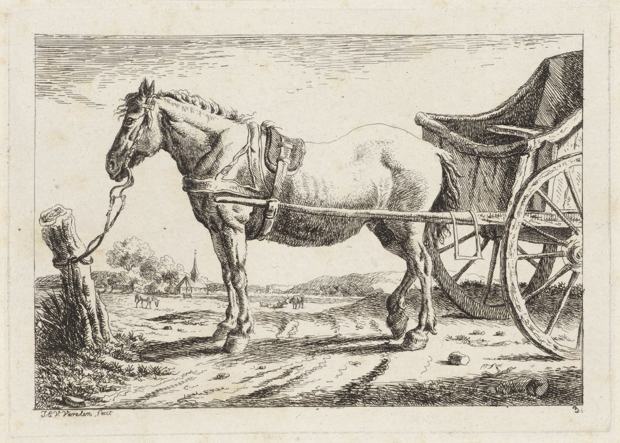 Koń stojący, zaprzęgnięty przed rydwanem Sześć odbitek według rysunków różnych mistrzów (tytuł serii) autorstwa Jacob Elias van Varelen