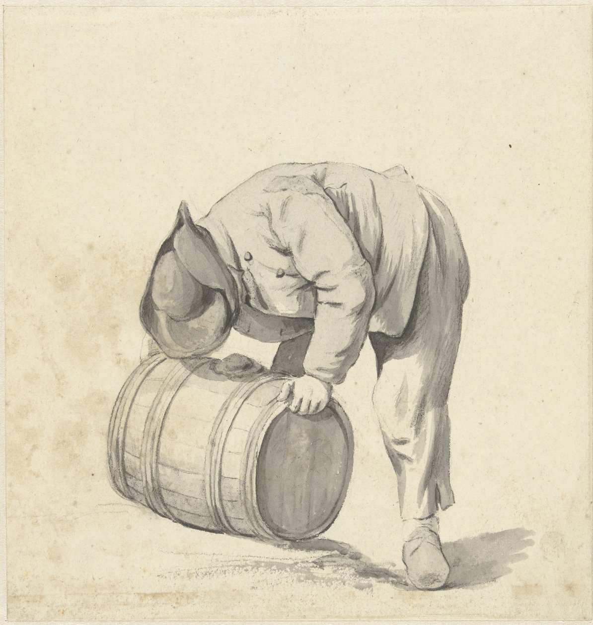 Mężczyzna pochyla się, by podnieść beczkę autorstwa Jacob Ernst Marcus