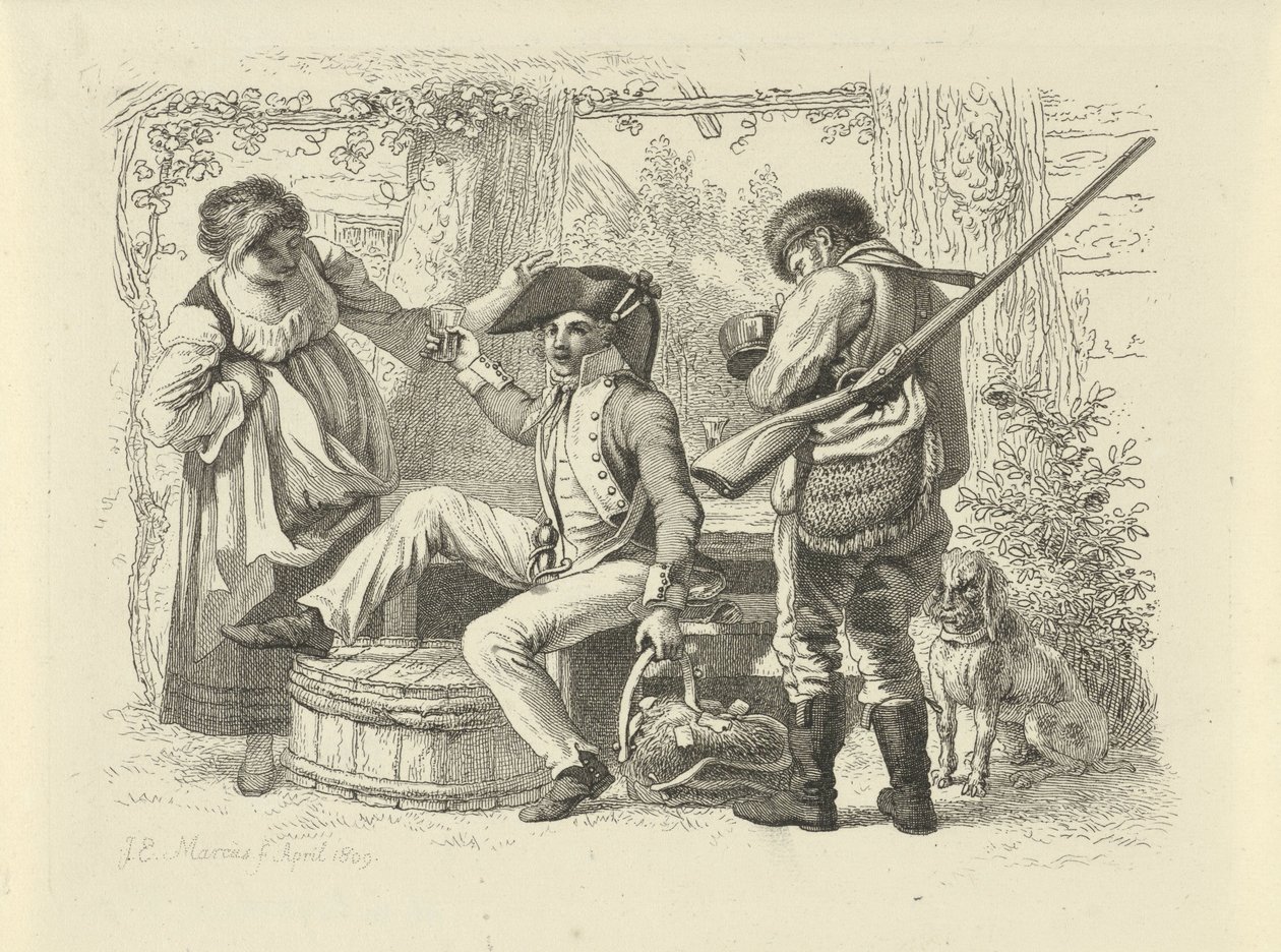 Żołnierz z podniesionym szkłem między kobietą a myśliwym Odbitki studyjne / Etiudy gravées (tytuł serii) autorstwa Jacob Ernst Marcus