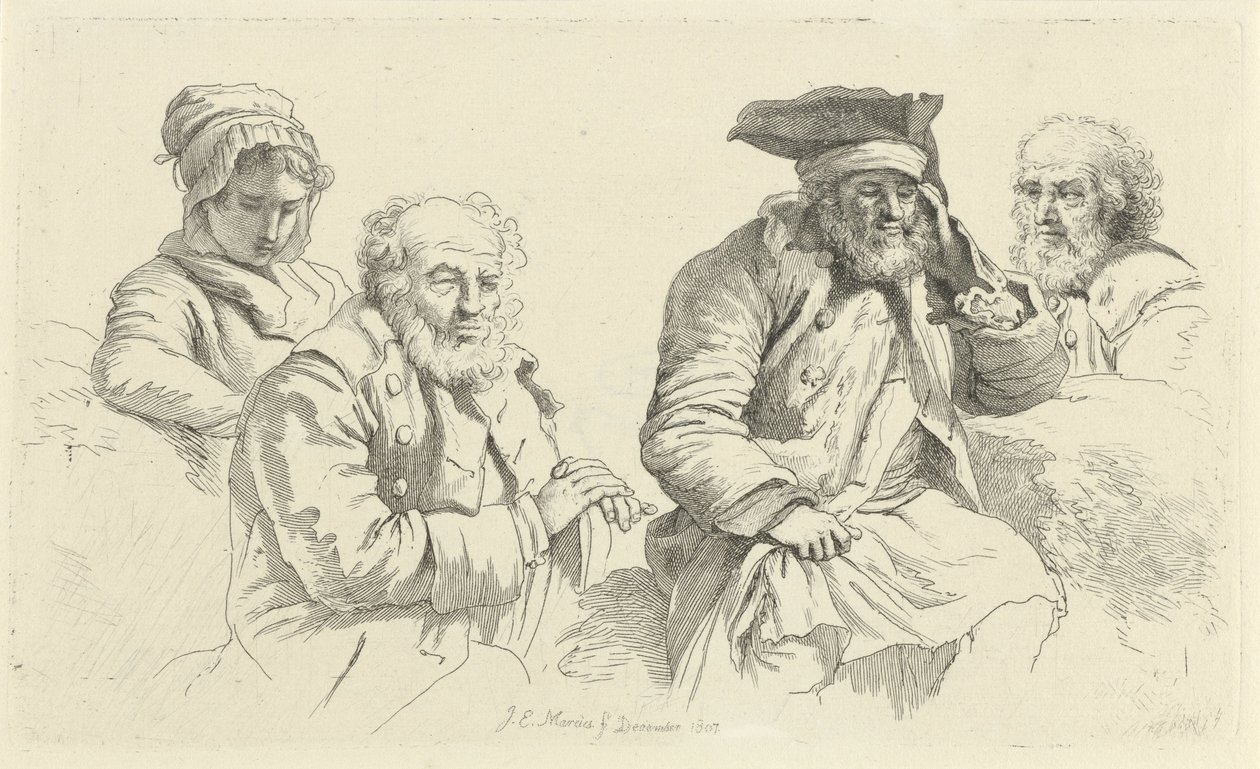 Arkusz do nauki z trzema starszymi mężczyznami i młodą kobietą Odbitki studyjne / Etiudy gravées (tytuł serii) autorstwa Jacob Ernst Marcus