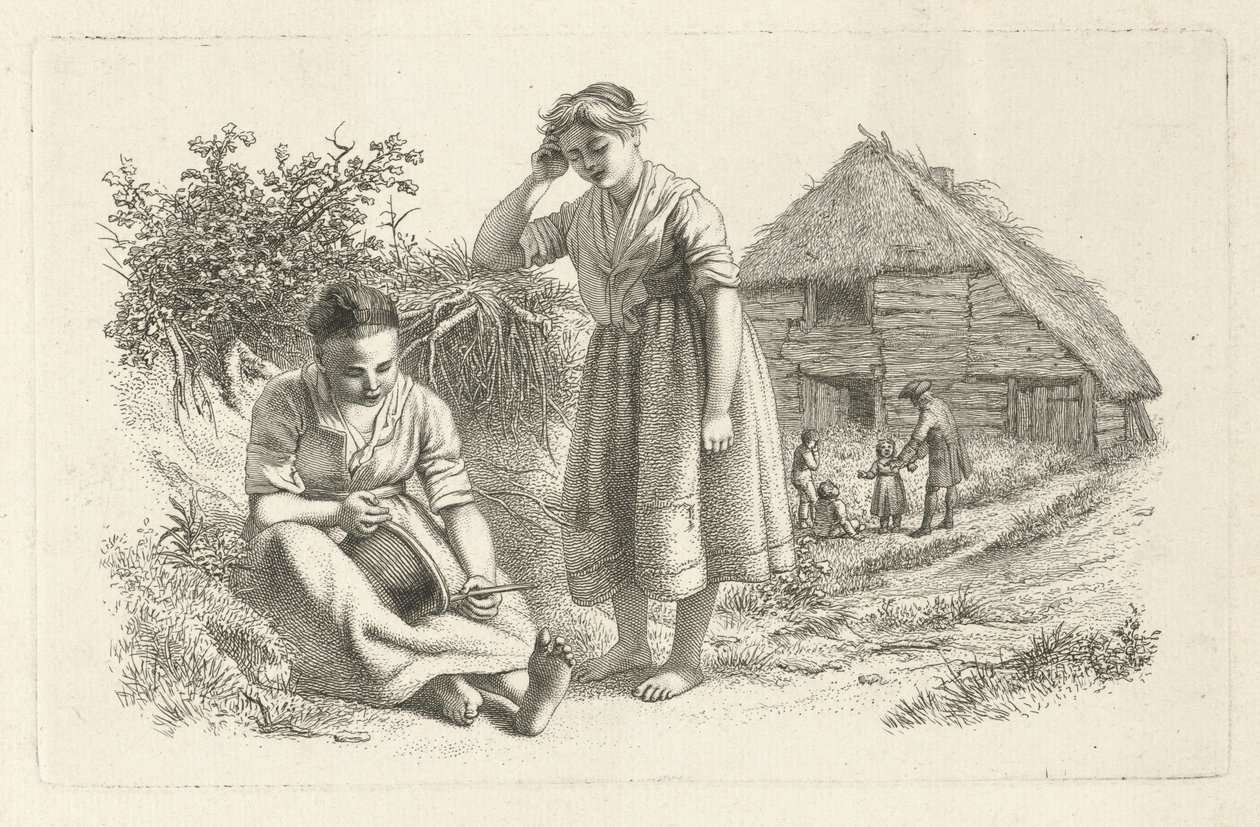 Dwie kobiety i mężczyzna z dziećmi przed stodołą Odbitki studyjne / Etiudy gravées (tytuł serii) autorstwa Jacob Ernst Marcus