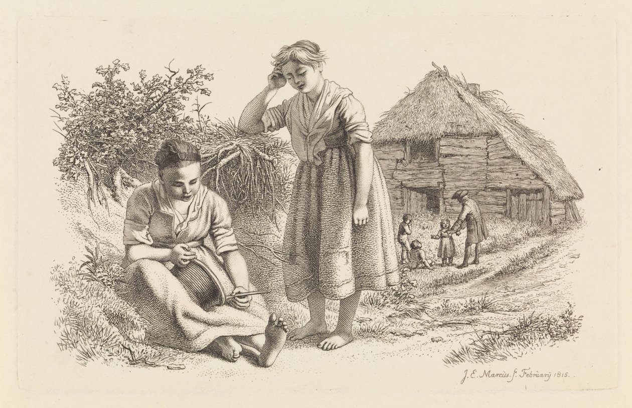 Dwie kobiety i mężczyzna z dziećmi przed stodołą Odbitki studyjne / Etiudy gravées (tytuł serii) autorstwa Jacob Ernst Marcus