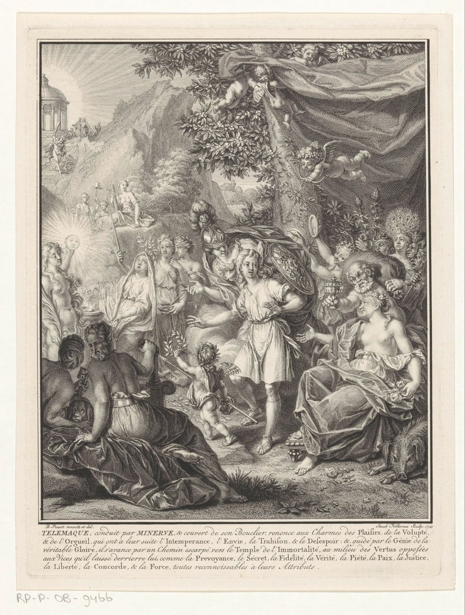 Alegoryczne przedstawienie z Telemachem i Minerwą Strona tytułowa dla: François de Fénelon, Les avantures de Telemaque, 1734 autorstwa Jacob Folkema