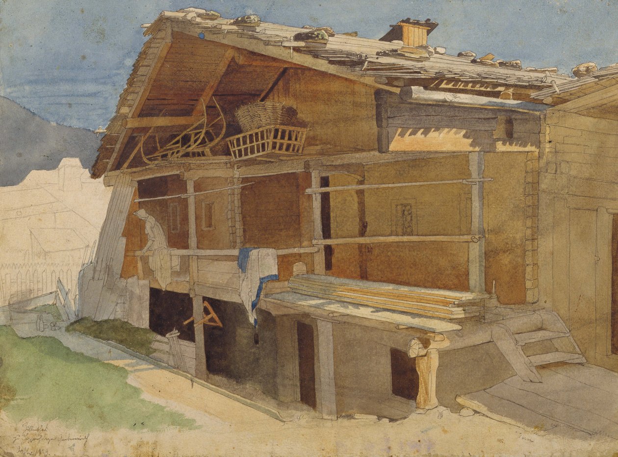 Farmhouse w budowie, 1829 (pióro i atrament i wc na papierze) autorstwa Jacob Gensler