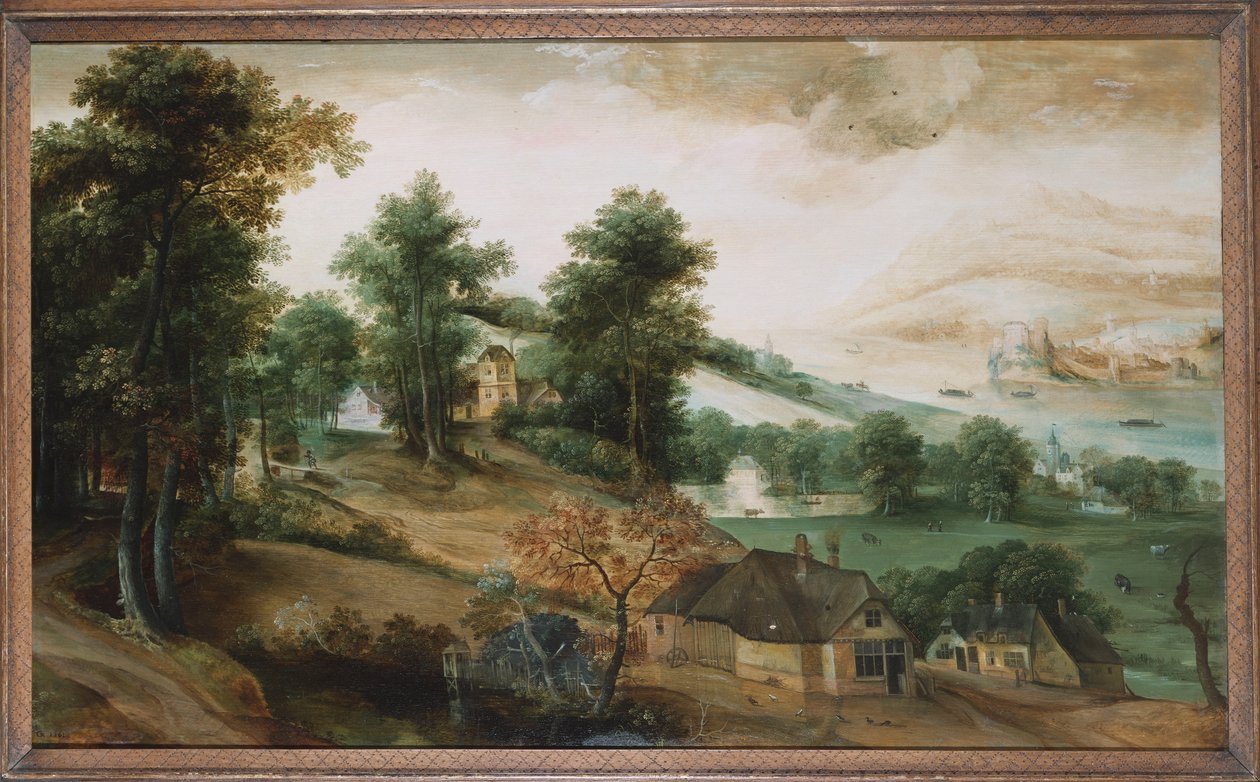 Rozległy krajobraz z domkami na pierwszym planie, 1561 autorstwa Jacob Grimmer