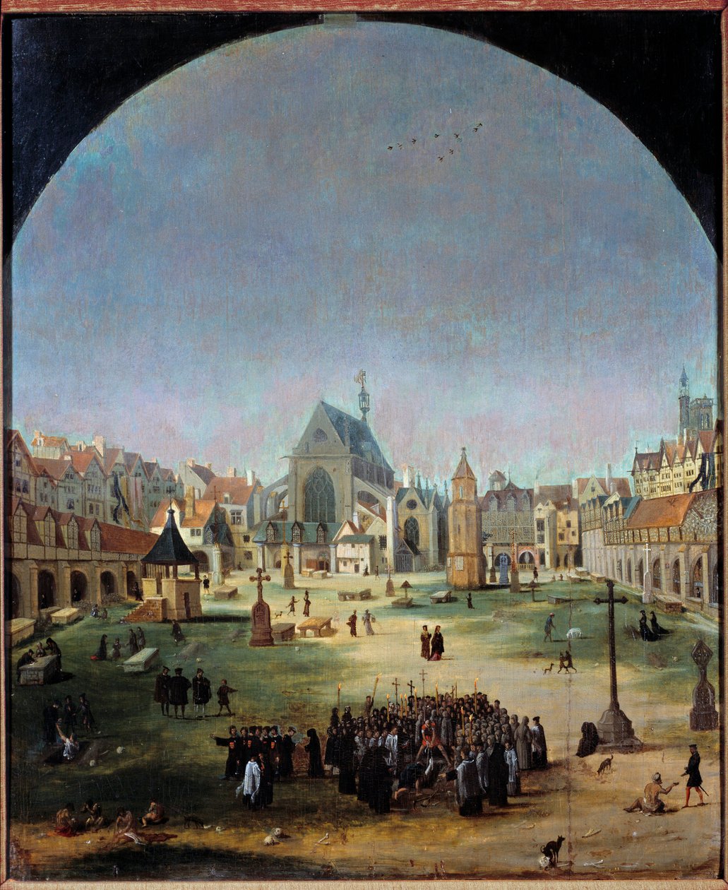 Cmentarz Niewiniątek i jego zbiorowy grób za panowania Franciszka I Obraz Jakoba Grimera (1526-ok. 1589) autorstwa Jacob Grimmer