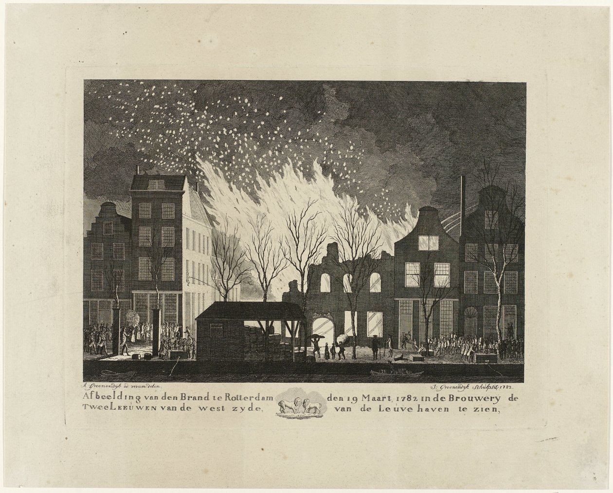 Pożar w browarze De Twee Leeuwen w Rotterdamie, 1782 Zdjęcie den Brand w Rotterdamie 19 marca 1782 w Brouwery de Twee Leeuwen od zachodniej strony Leuvehaven (tytuł na obiekcie) autorstwa Jacob Groenendijk