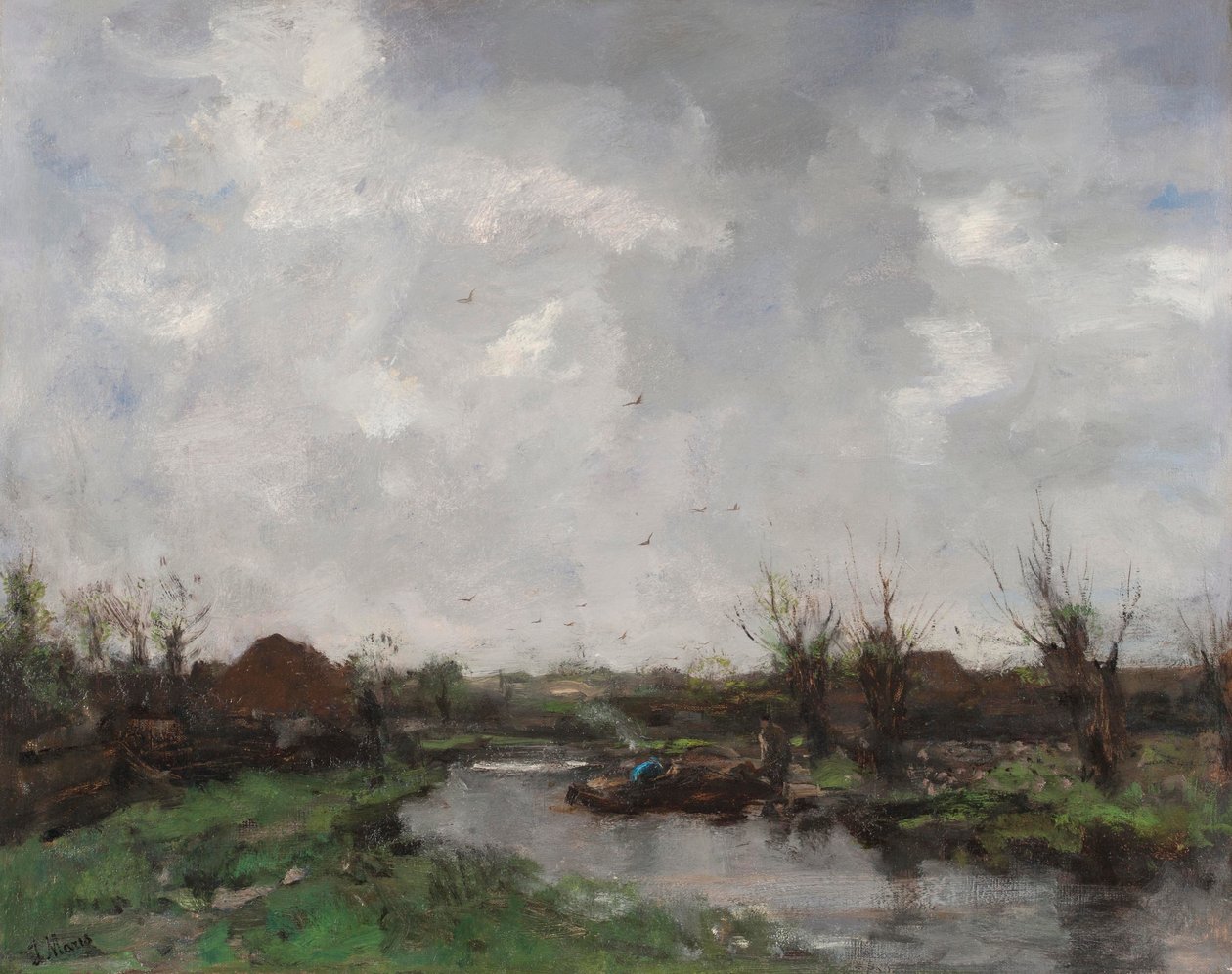 Pejzaż rzeczny z zabudowaniami gospodarczymi, koniec lat 70. XIX wieku autorstwa Jacob Henricus or Hendricus Maris