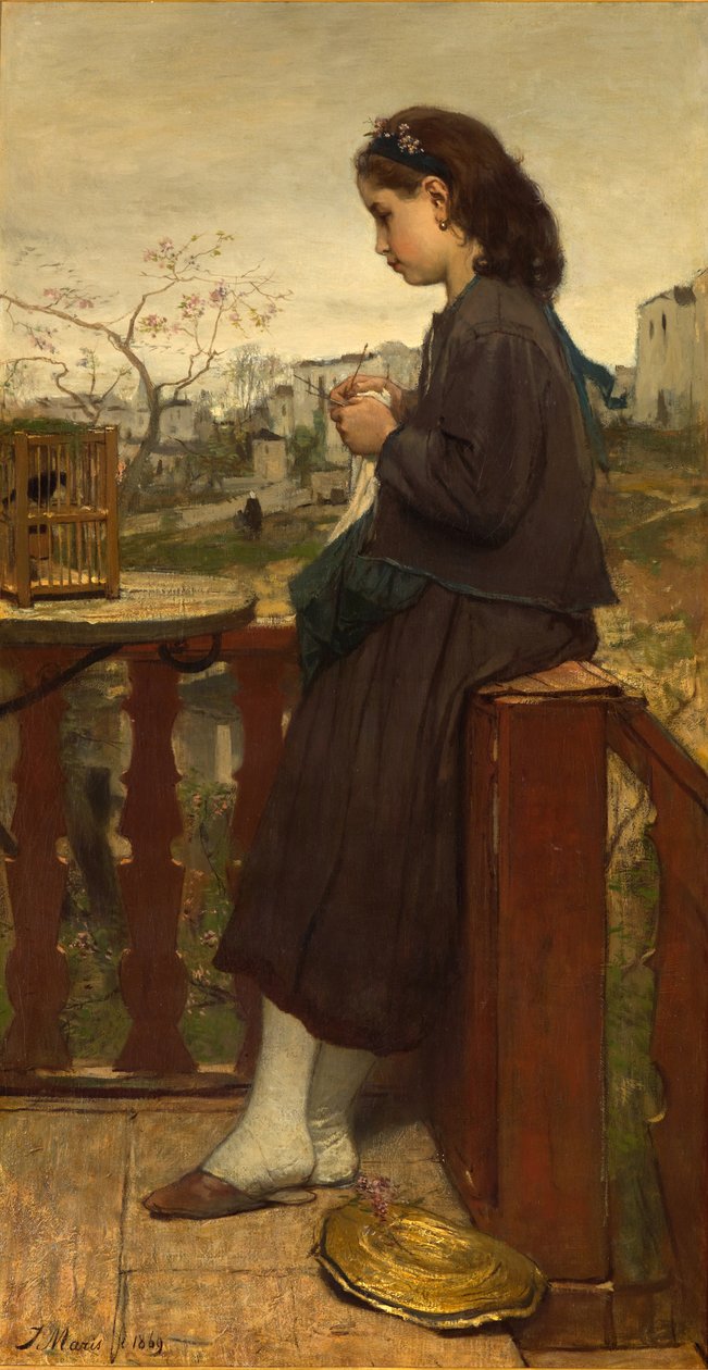 Dziewczyna robi na drutach na balkonie, Montmartre, 1869 autorstwa Jacob Henricus or Hendricus Maris