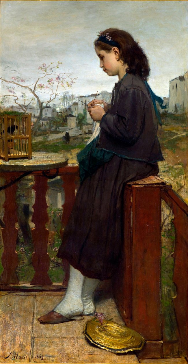 ""Młoda dziewczyna robi na drutach na balkonie, Montmartre, Paryż"" (Dziewczyna robi na drutach na balkonie, Montmartre) Obraz Jacoba Marisa (1837-1899) - 1869 - Olej na płótnie Dim 110x75,7 cm Gemeentemuseum Den Haag autorstwa Jacob Henricus or Hendricus Maris
