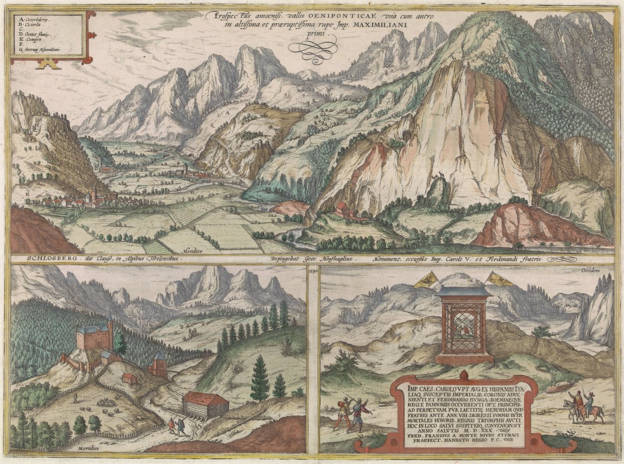 Trzy twarze w dolinie Inn w Austrii i wokół niej, z Alpami w tle autorstwa Jacob Hoefnagel (possibly)