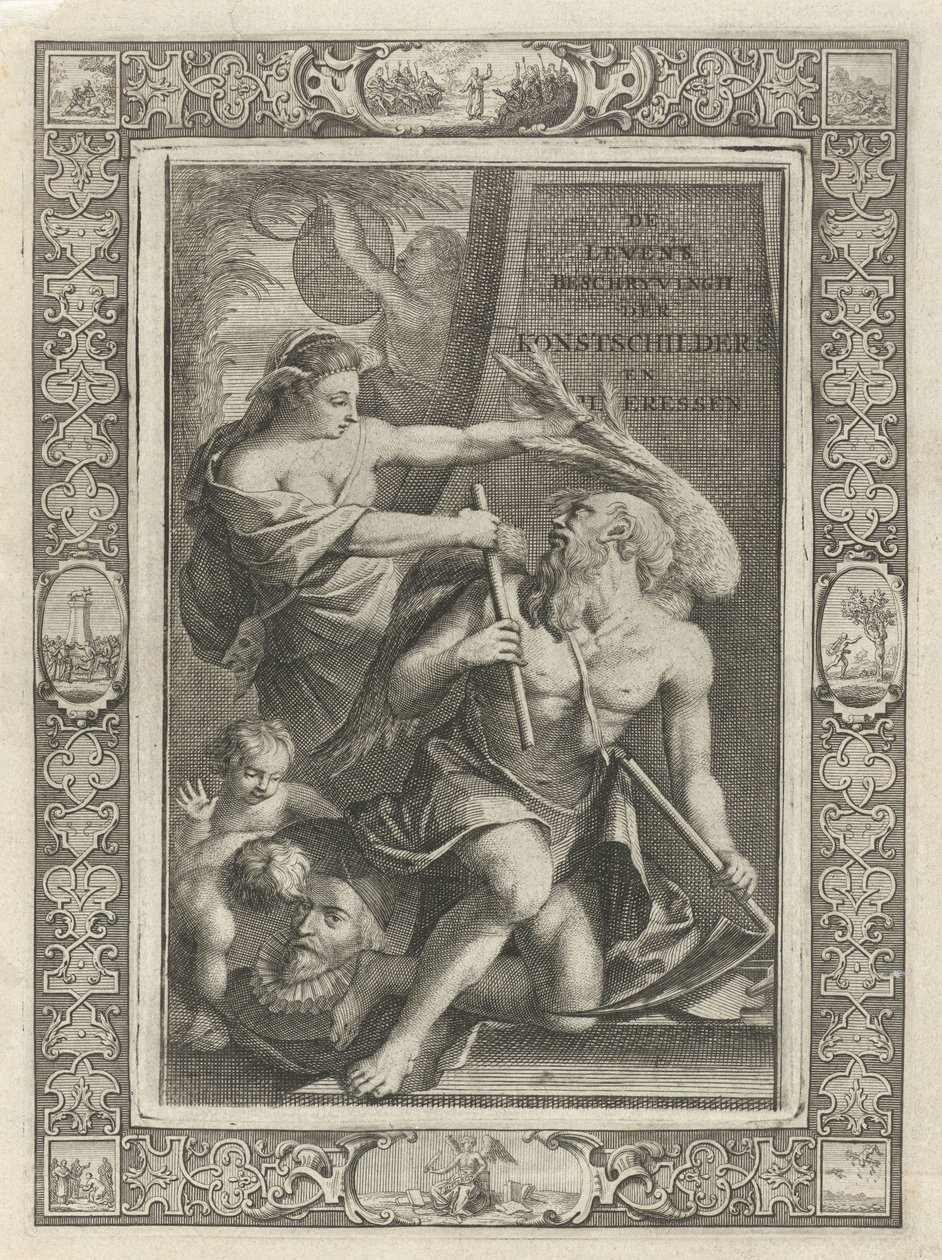 Wyobraźnia oswaja czas ojca Strona tytułowa dla: J.C. Weyermana. Opisy życia holenderskich malarzy i malarzy artystycznych, 1729 autorstwa Jacob Houbraken