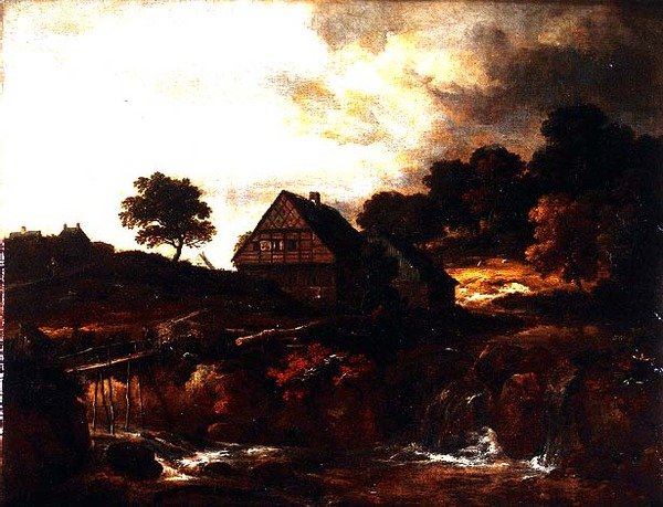 Zalesiony krajobraz z chłopem na moście nad potokiem autorstwa Jacob I. van (follower of) Ruisdael