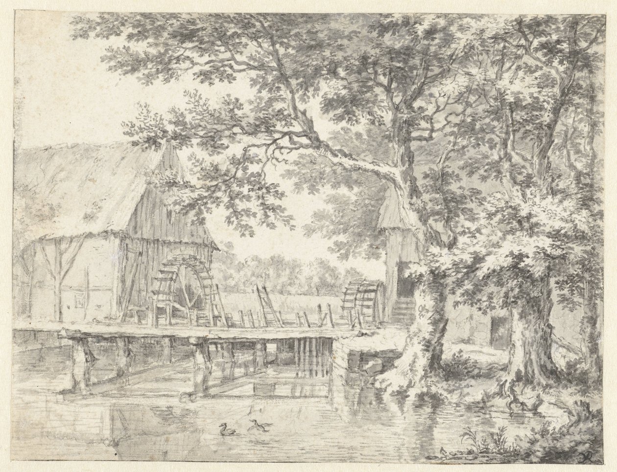 Widok na dwa młyny wodne po bokach śluzy autorstwa Jacob van Ruisdael