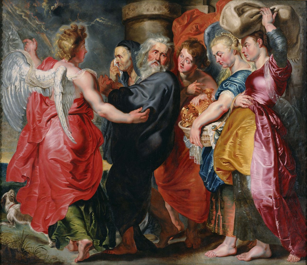 Lot i jego rodzina opuszczający Sodomę (na podstawie kompozycji Rubensa). autorstwa Jacob Jordaens