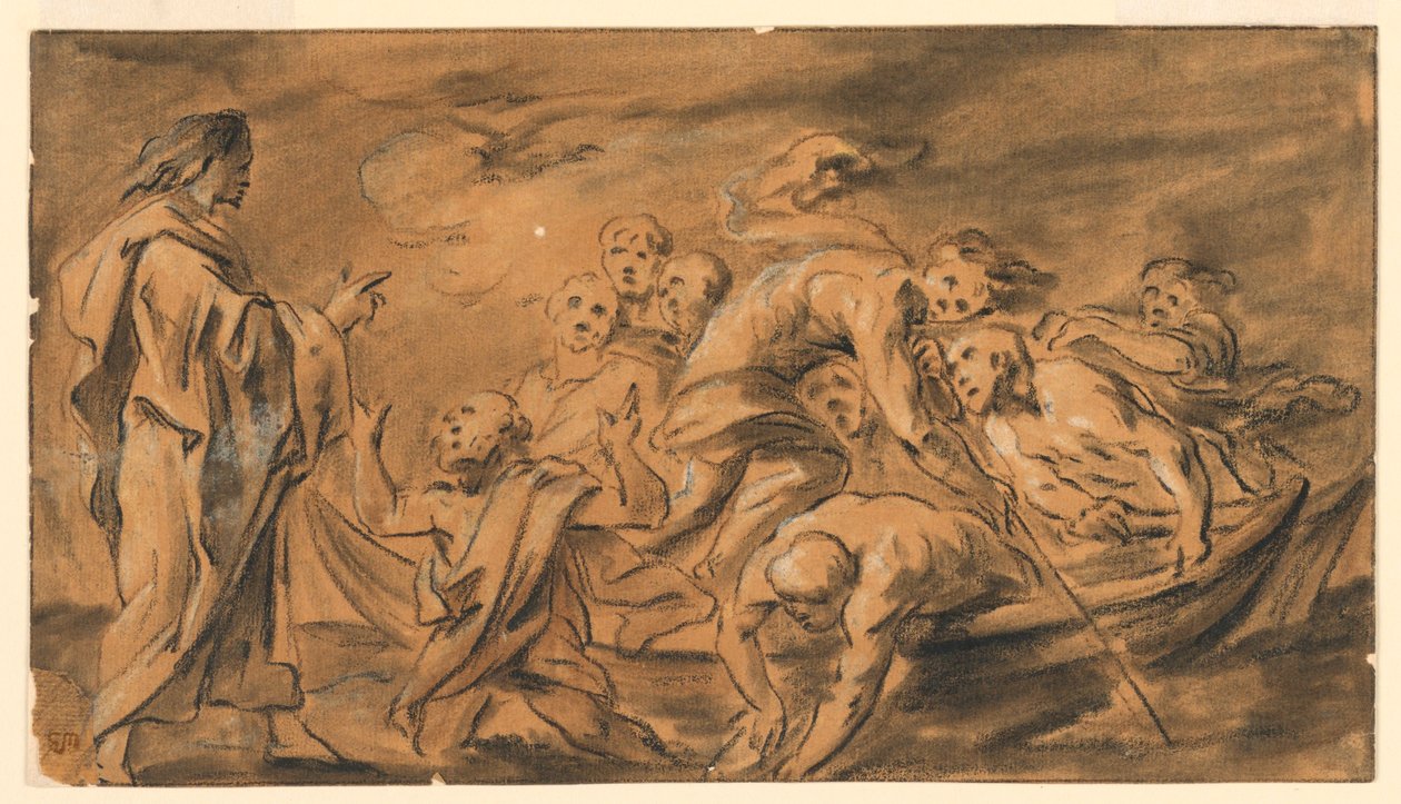 Chrystus ukazujący się apostołom nad Jeziorem Galilejskim (Jezioro Tyberiadzkie), cudowny połów ryb autorstwa Jacob Jordaens