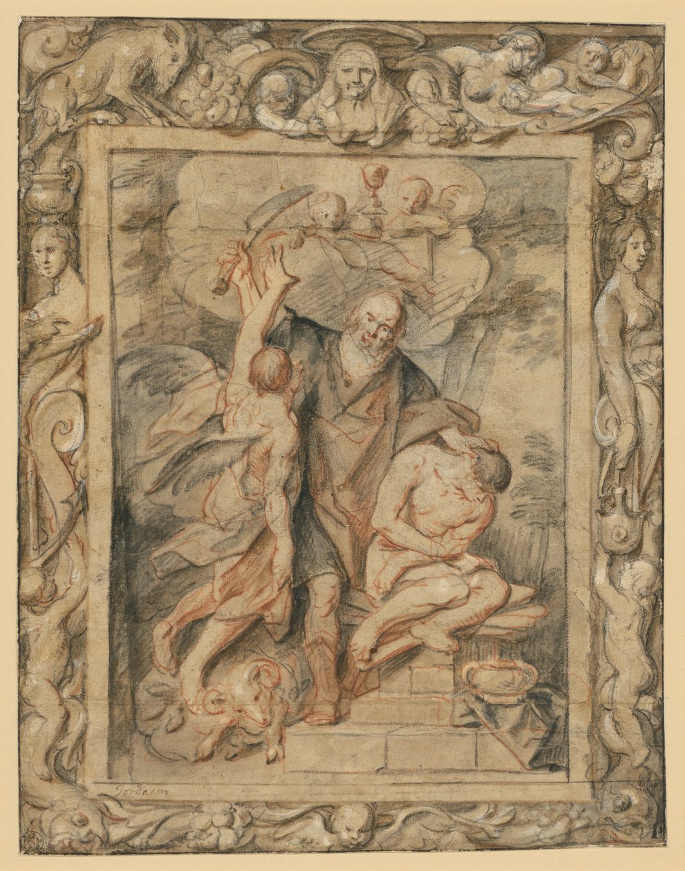 Ofiarowanie Izaaka (Rdz 22,1-12) w figuralnej ramce autorstwa Jacob Jordaens