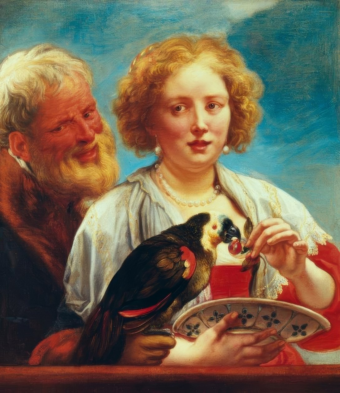 Młoda kobieta ze starcem i papugą autorstwa Jacob Jordaens